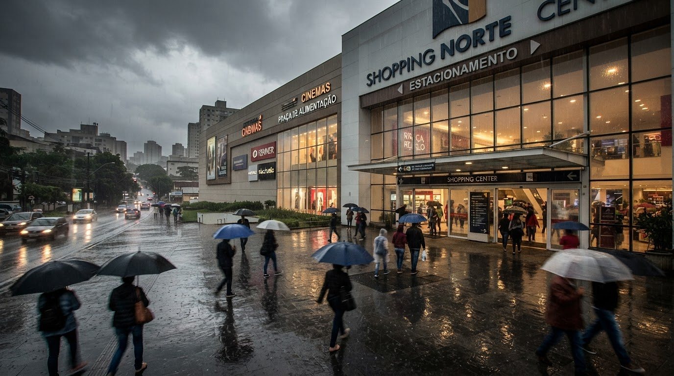 Entrada de um shopping center em dia de chuva, com pessoas de guarda-chuva.